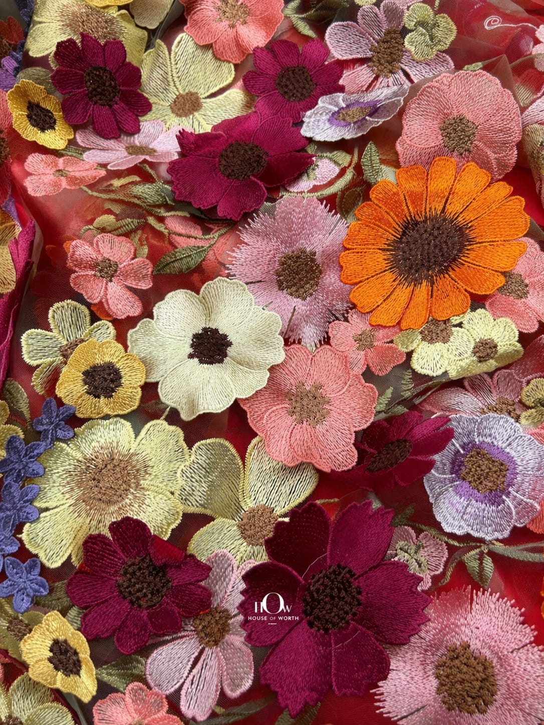 3d flower fabric red close-up on mesh net, bold texture for couture gowns and dresses