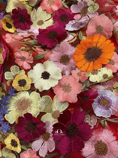 3d flower fabric red close-up on mesh net, bold texture for couture gowns and dresses