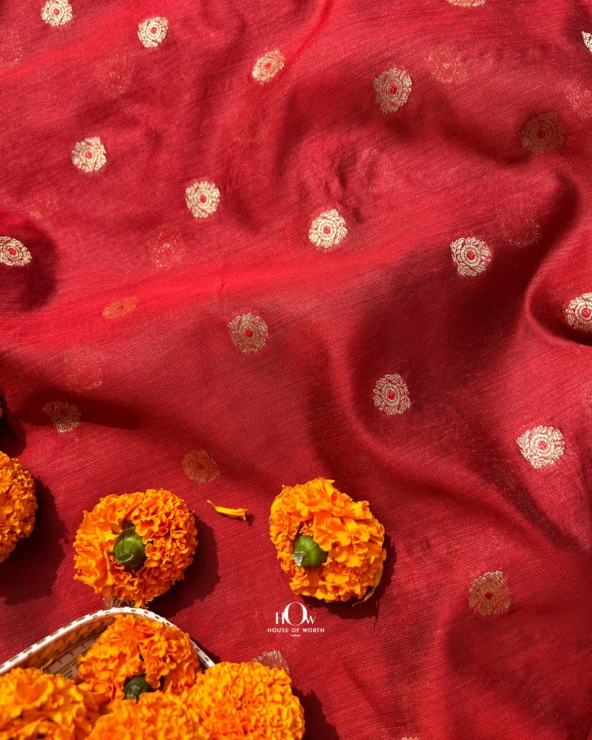 Rust orange cotton Chanderi fabric with ornamental buti motifs for festive kurta sets