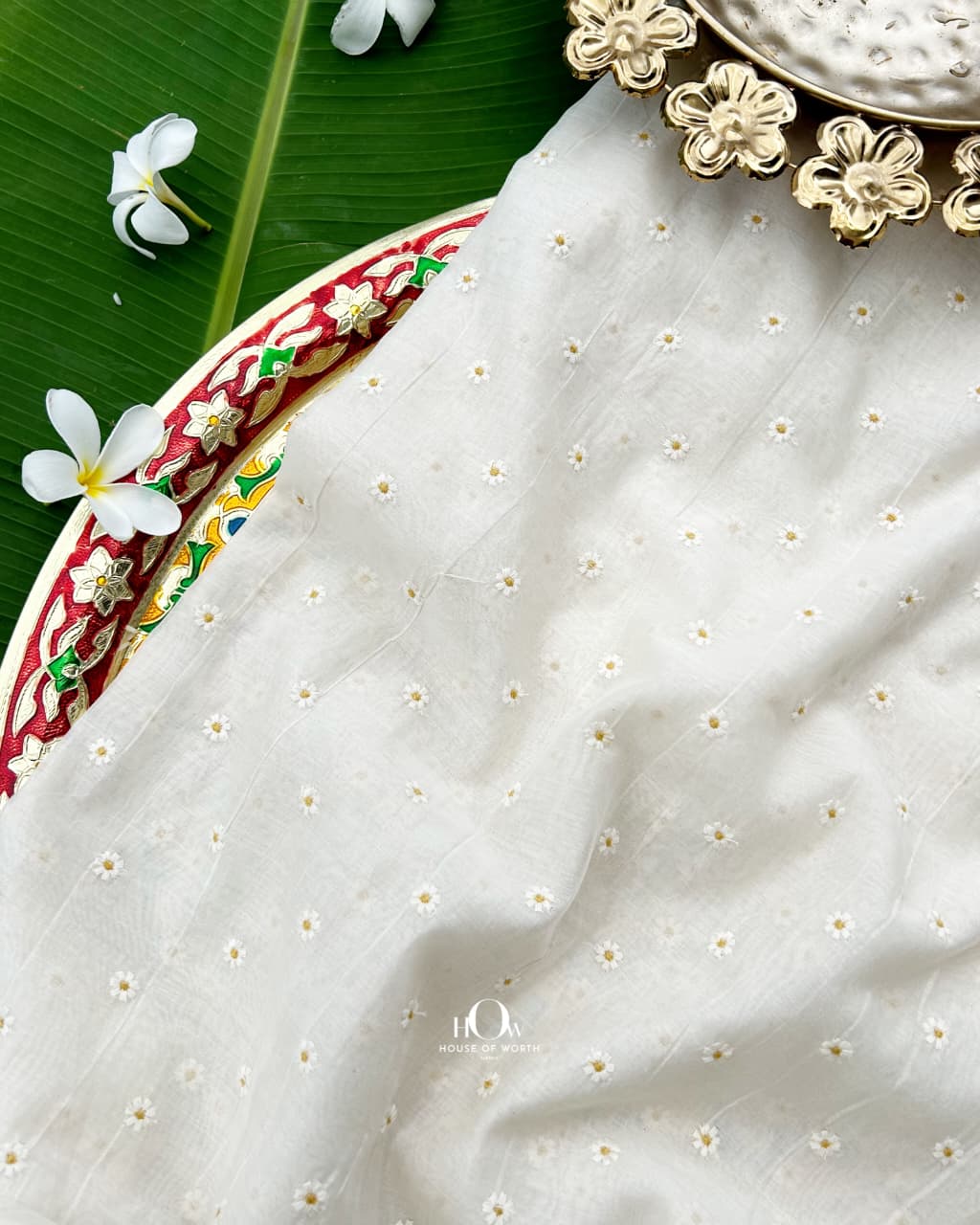 White yellow floral buti Mul Chanderi for sarees, kurtas, dupattas and Onam outfits