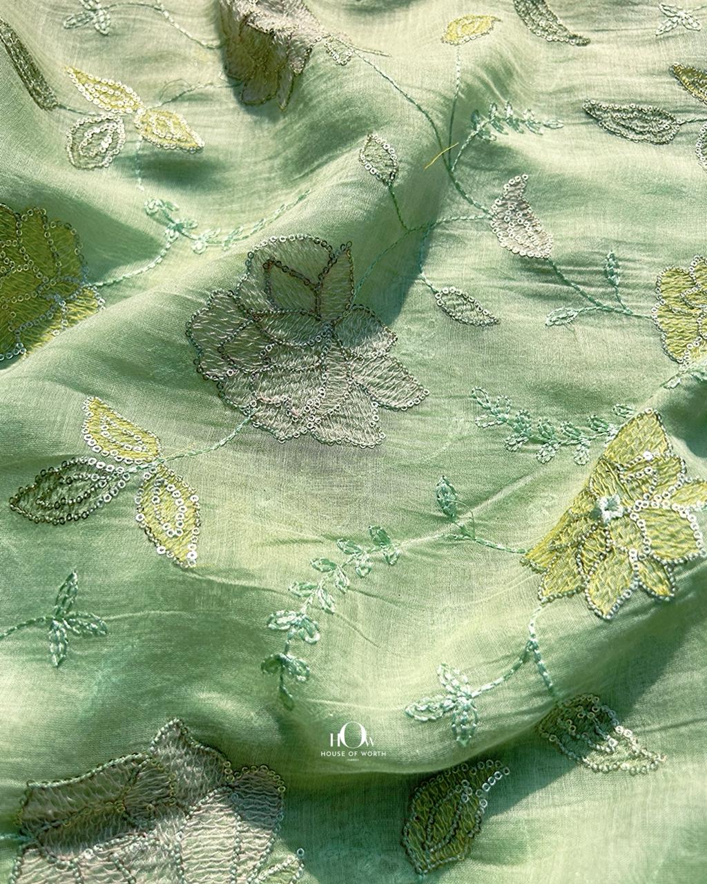 Pure mul chanderi embroidery fabric in pastel pistachio green floral design