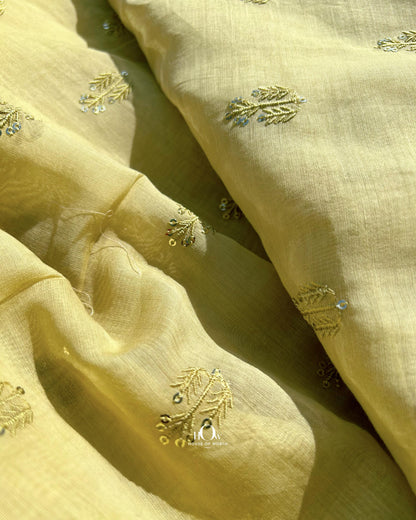 Premium-quality Mul Chanderi dress material in yellow – embroidered fabric available in Delhi, Banaras, and Surat.