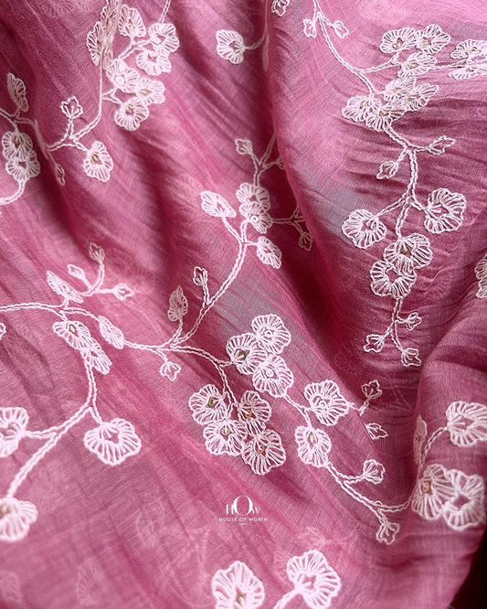 Pure Mul Chanderi fabric with floral embroidery – available from suppliers in Delhi, Surat, and Banaras for retail and wholesale.