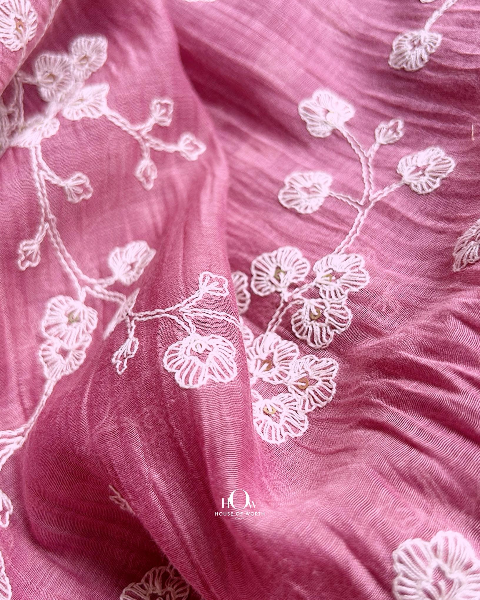 Buy pink Mul Chanderi fabric for kurtis and sarees – embroidered fabric from trusted Indian fabric wholesalers