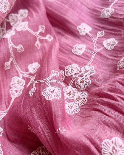 Buy pink Mul Chanderi fabric for kurtis and sarees – embroidered fabric from trusted Indian fabric wholesalers