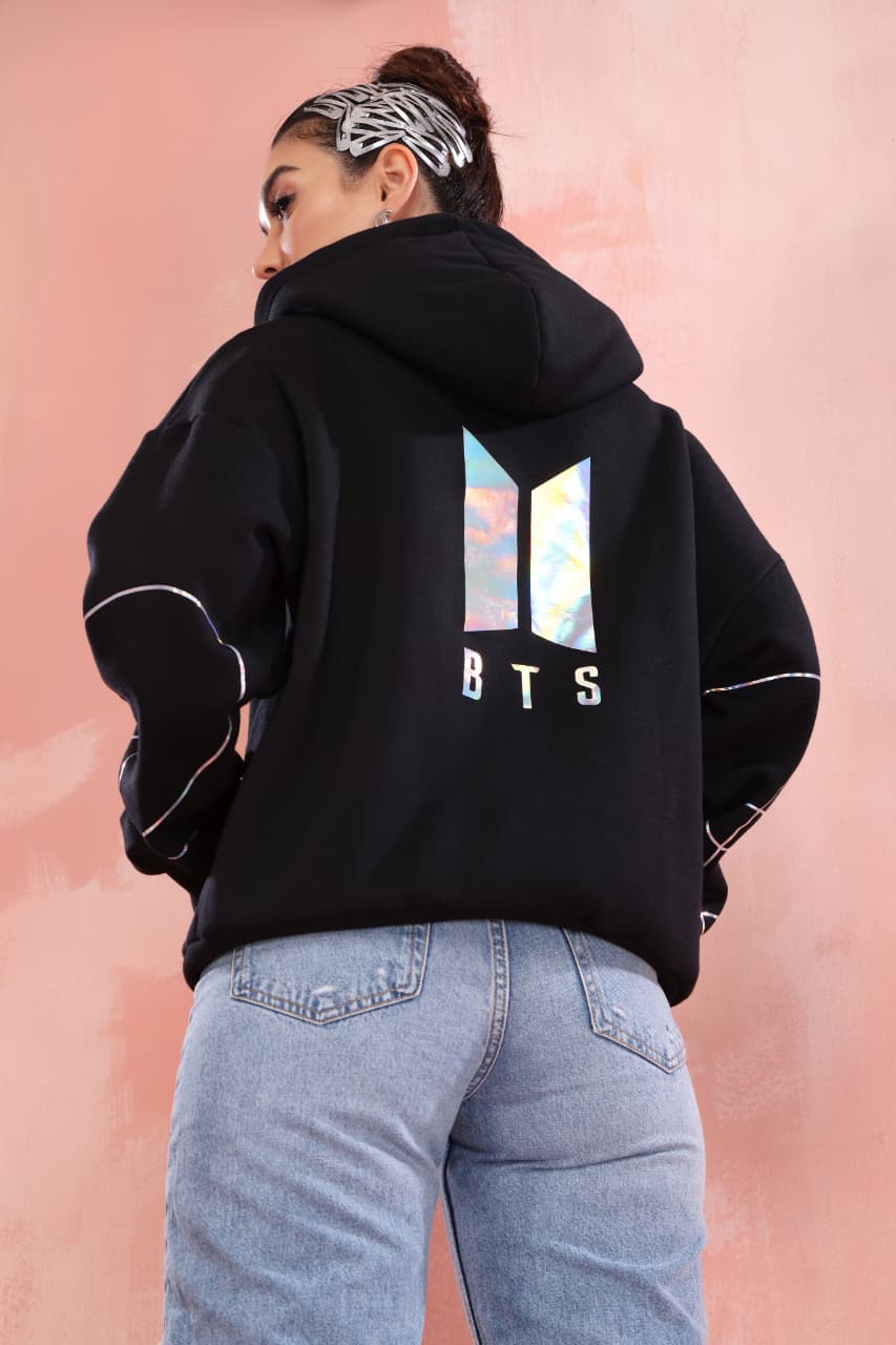 Stylish women’s black kpop BTS hooded sweatshirt casual oversized street style