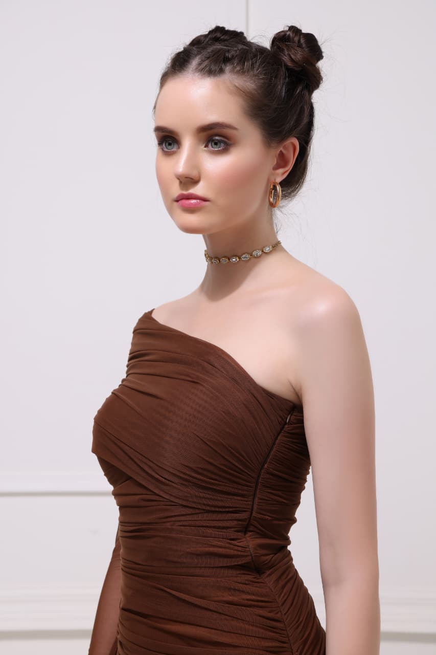 Trendy women’s brown chiffon stretch dress with modern cut for special occasions