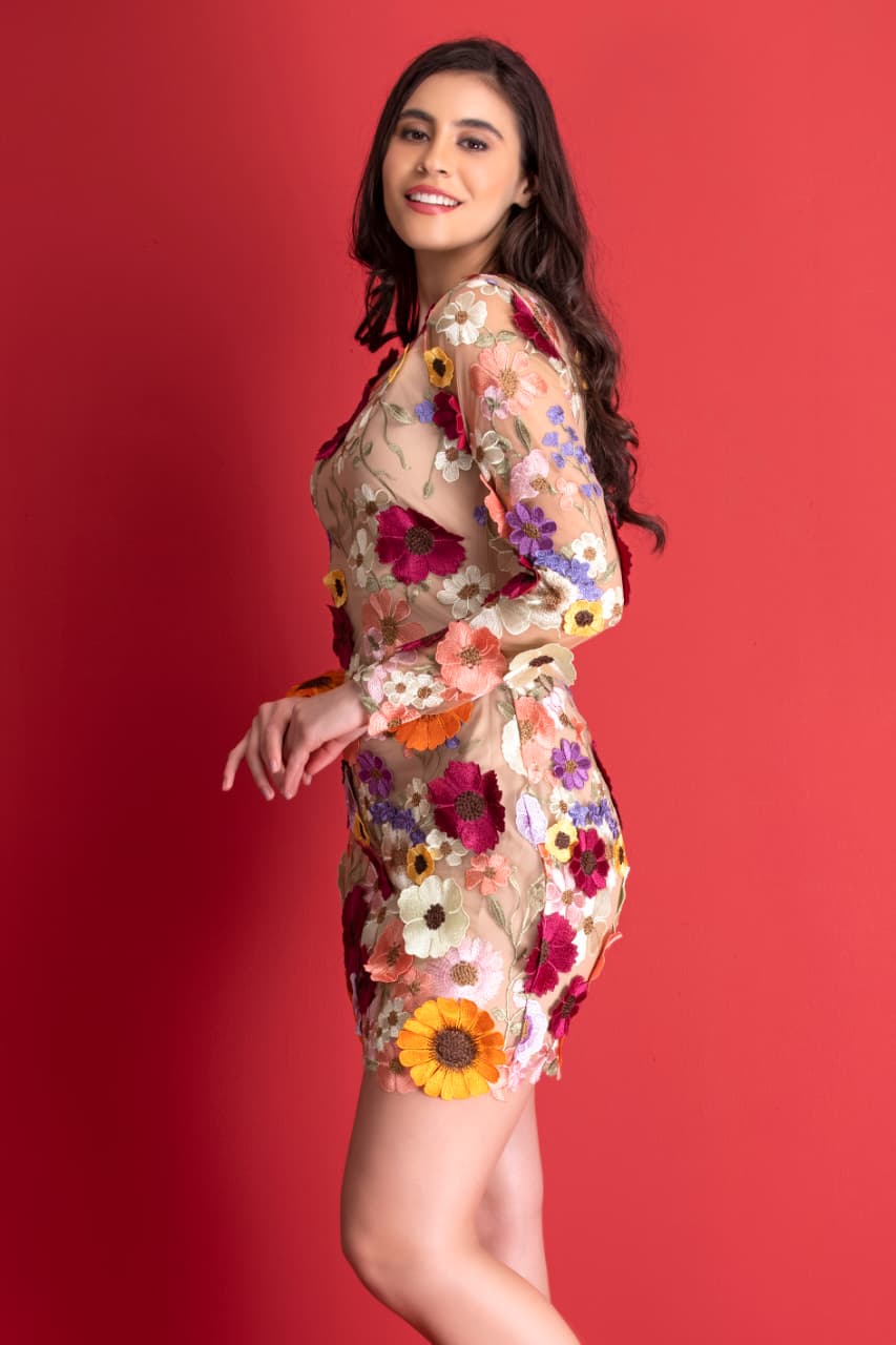 Trendy women’s short embroidered dress with colorful flower appliques and sheer fabric