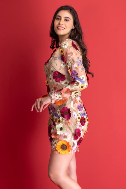 Trendy women’s short embroidered dress with colorful flower appliques and sheer fabric