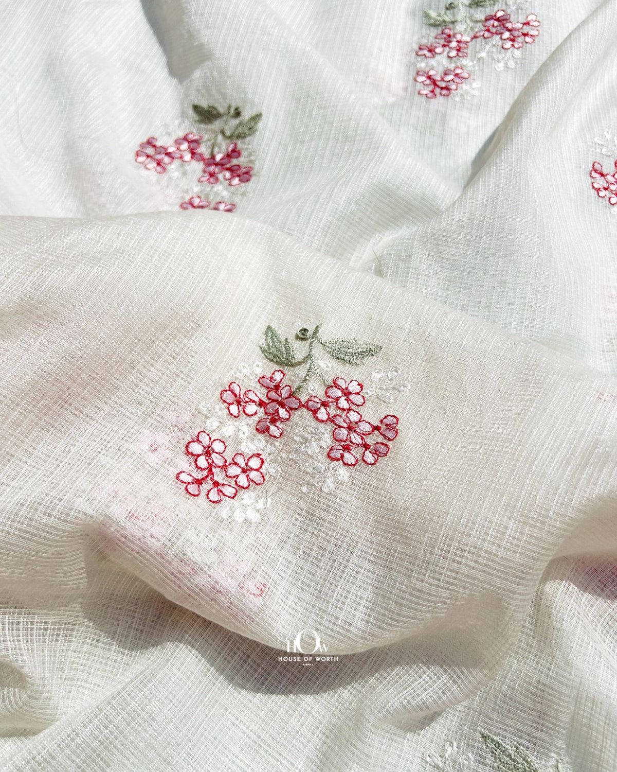 Vrinda Kota Doria Red floral embroidered fabric motif detail