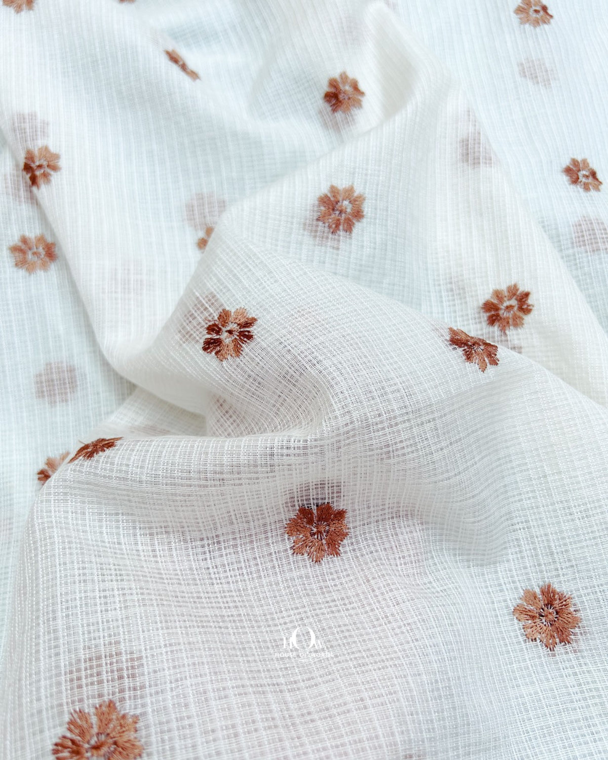 Vrinda Kota Doria terracotta floral butti fabric for kurtas, dresses and designer apparel