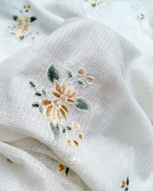 Vrinda Kota Doria Yellow floral embroidery fabric close-up