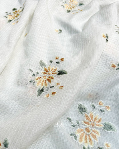 Vrinda Kota Doria Yellow floral embroidered fabric motif detail