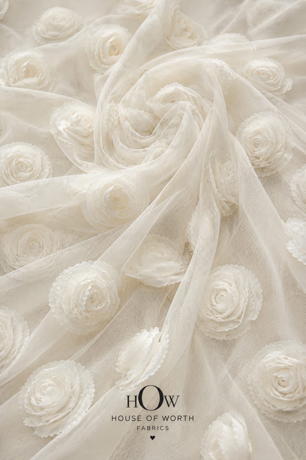 White 3D applique floral net fabric for bridal skirts and dresses