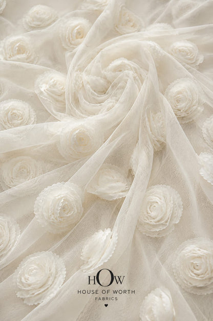 White 3D applique floral net fabric for bridal skirts and dresses
