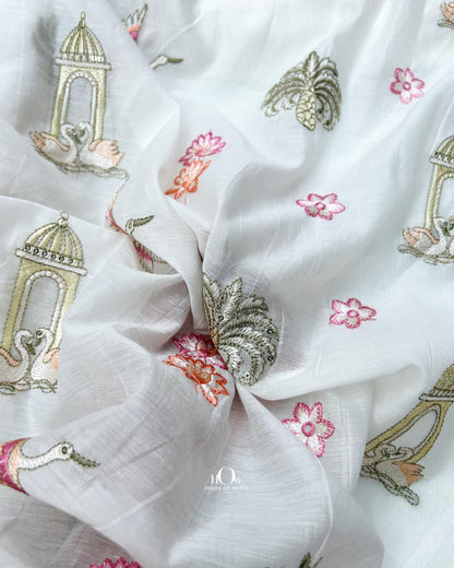 white chanderi fabric with fine embroidery for elegant wear