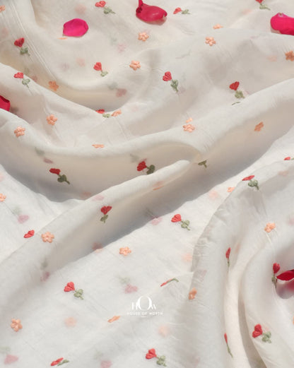 Premium white floral embroidered mul chanderi fabric for ethnic wear