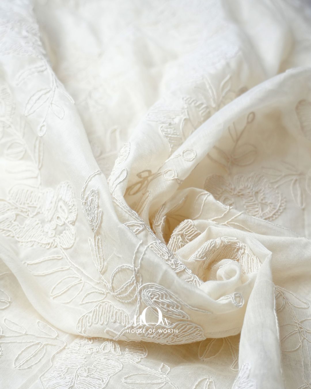 Premium Ivory White Chanderi fabric featuring all over floral embroidery design