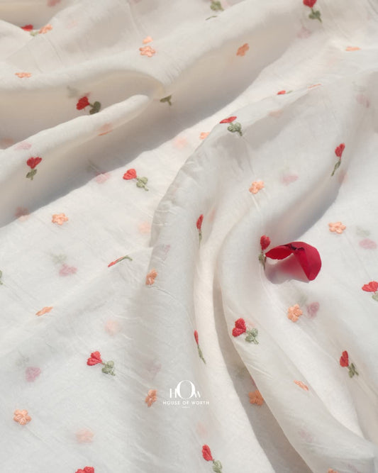 White embroidered pure mul chanderi fabric with delicate floral butti design