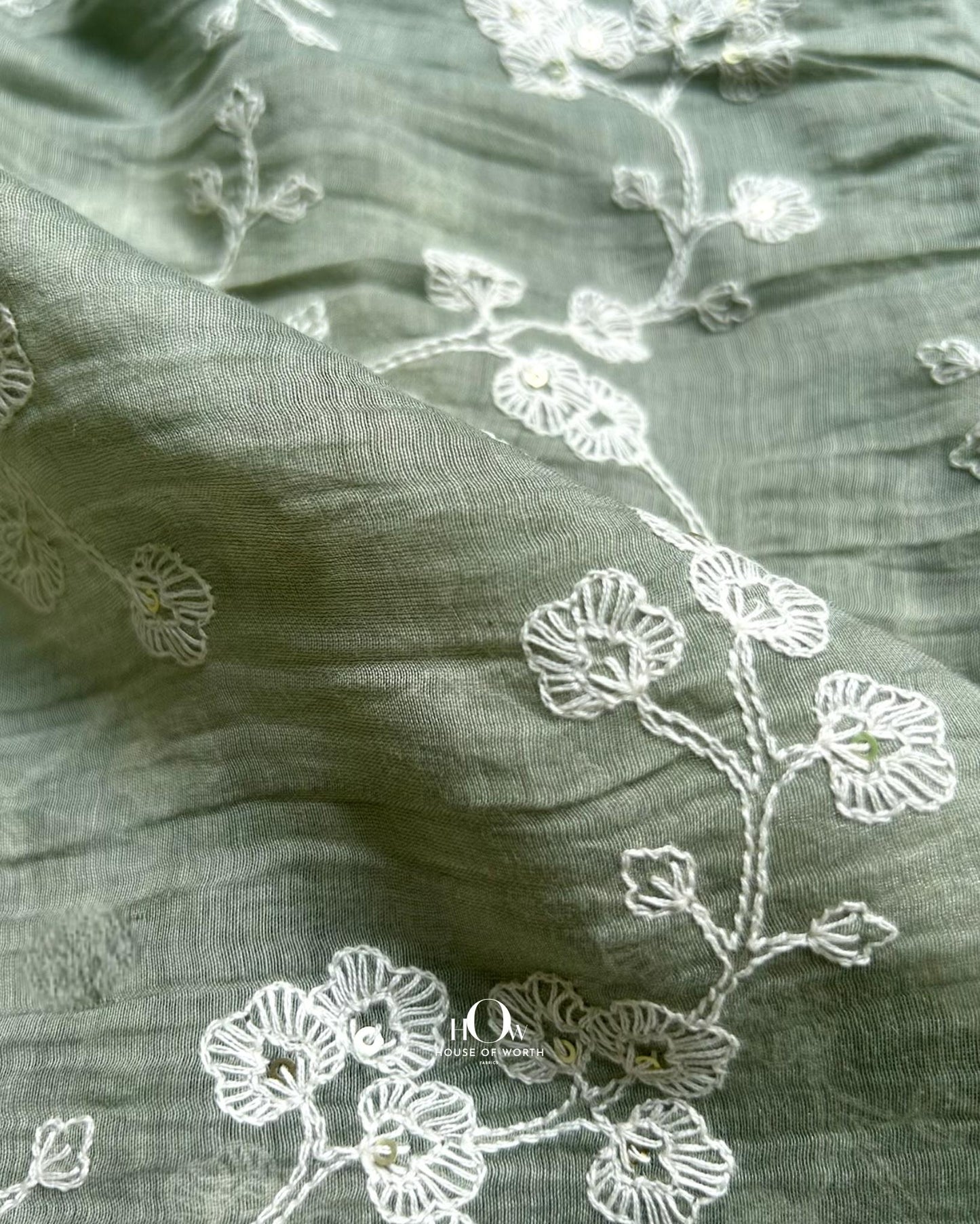 Mul Chanderi fabric supplier India – pastel green embroidered fabric ideal for boutiques and festive ethnic wear.