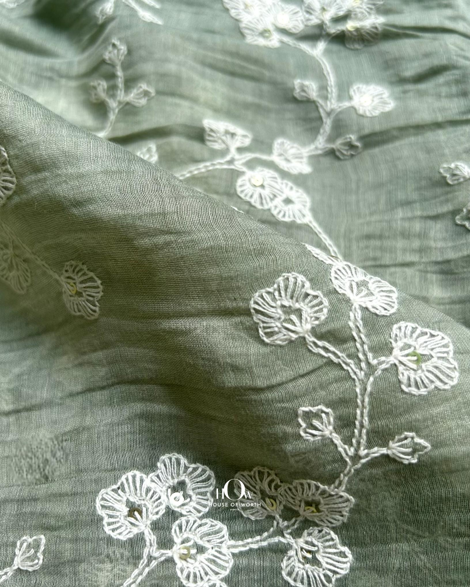 Mul Chanderi fabric supplier India – pastel green embroidered fabric ideal for boutiques and festive ethnic wear.