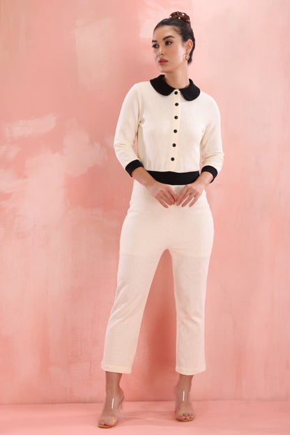 Women’s cream jumpsuit with black collar and button front stylish trendy fashion