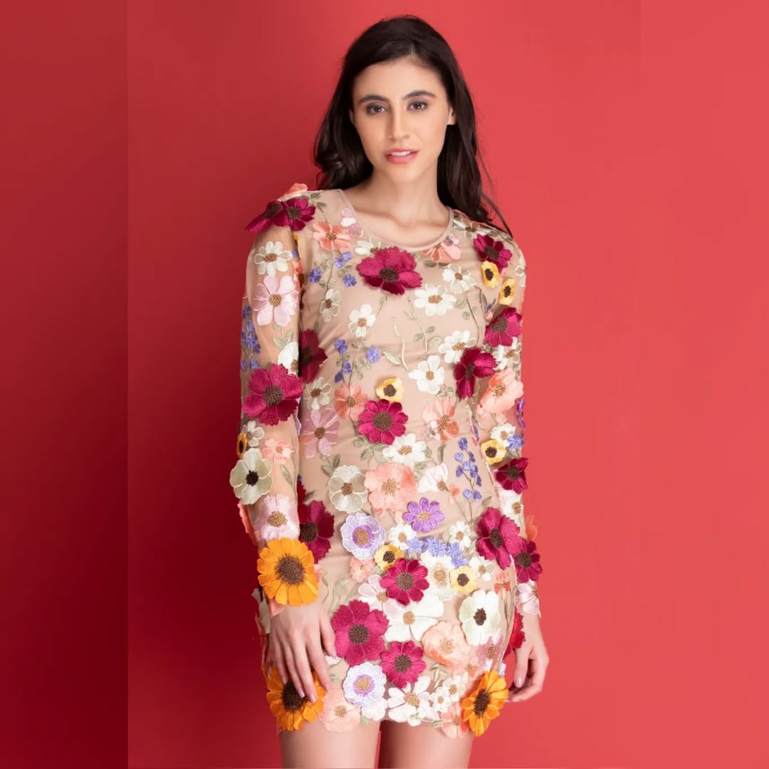 Women’s floral embroidered mini dress with multi color 3D flowers sheer sleeve design