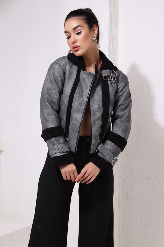 Women’s grey faux leather jacket with black shearling trim stylish winter outerwear