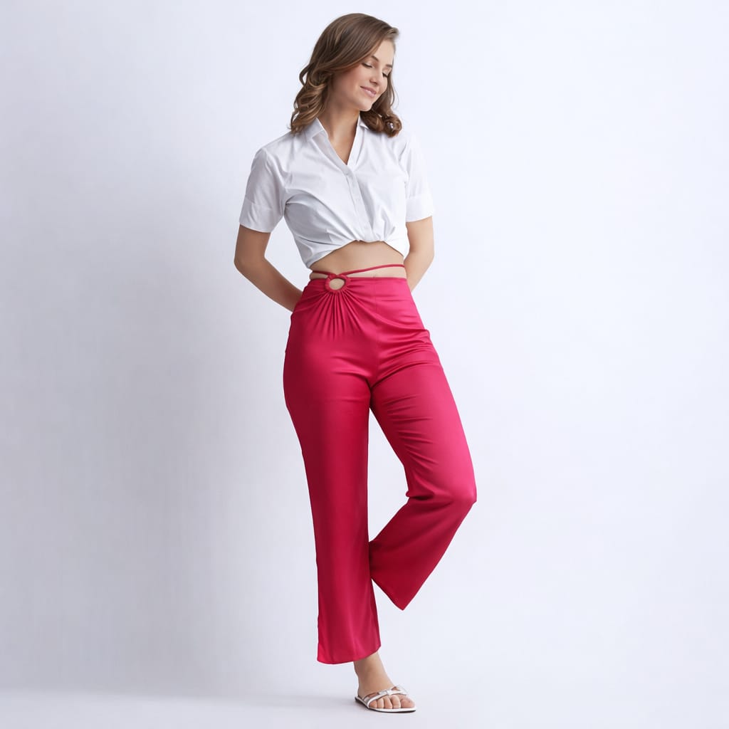 Women’s fuchsia high waist pants with stylish knot detail for fashion trousers