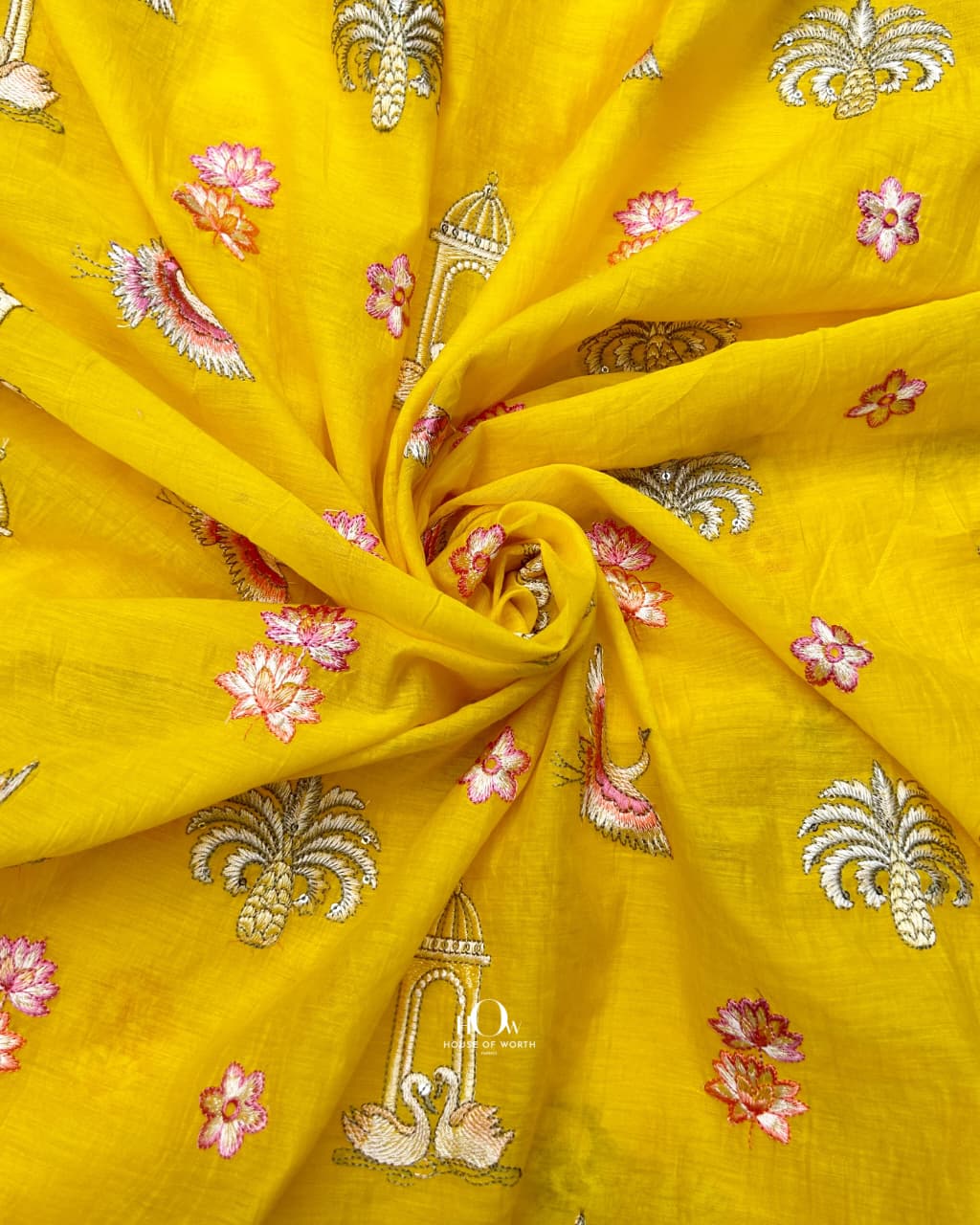 yellow chanderi fabric with embroidery for ethnic wear