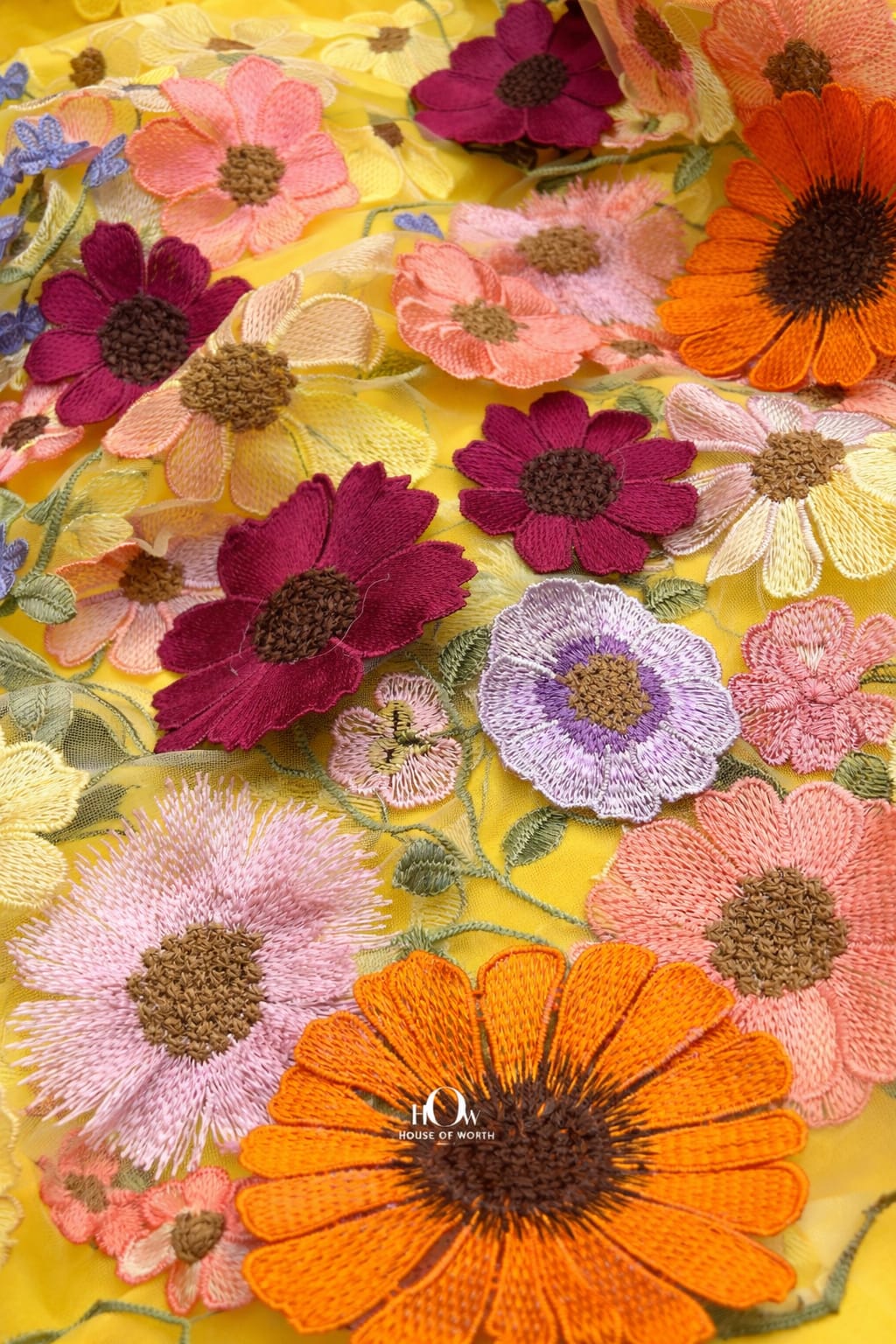 3d flower fabric yellow net base with rich floral work, statement fabric for dresses and blouses
