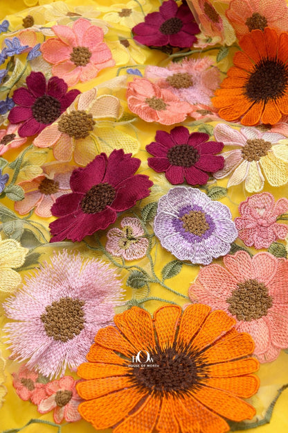 3d flower fabric yellow net base with rich floral work, statement fabric for dresses and blouses