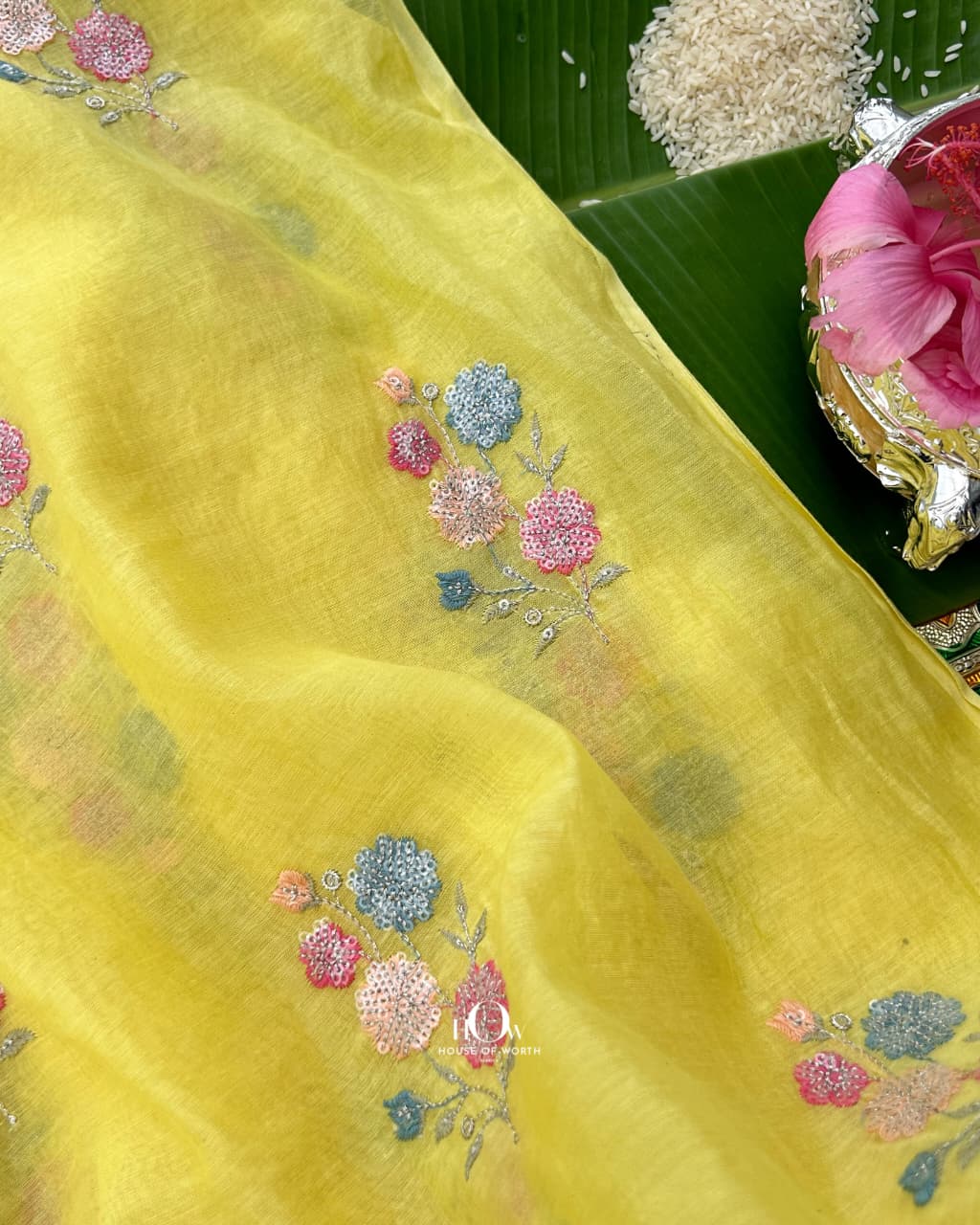 Yellow Mul Chanderi with thread and sequin flower embroidery