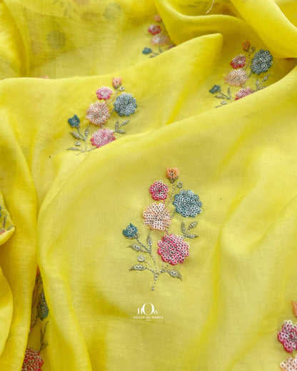 Yellow embroidered Mul Chanderi fabric suited for kurtas, sarees and festive wear